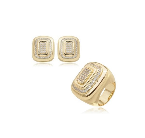 CONJUNTO MAXI RETANGULAR COM CRAVAÇÃO LATERAL BANHADO A OURO