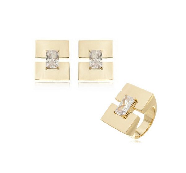 CONJUNTO RETANGULAR PEDRA RETANGULAR CRISTAL BANHADO A OURO