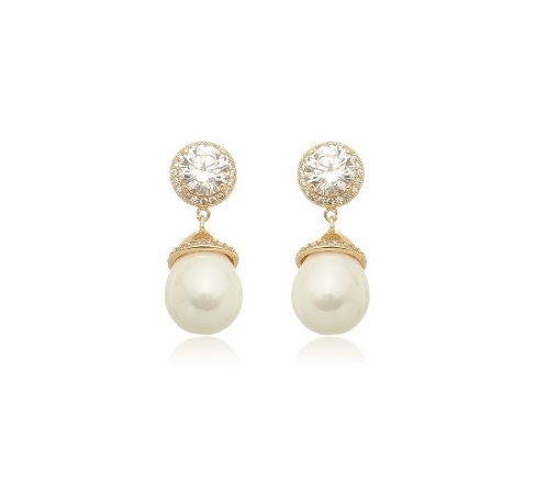 BRINCO DE PÉROLA EM PÊNDULO COM ZIRCÔNIAS REDONDA BANHADO A OURO