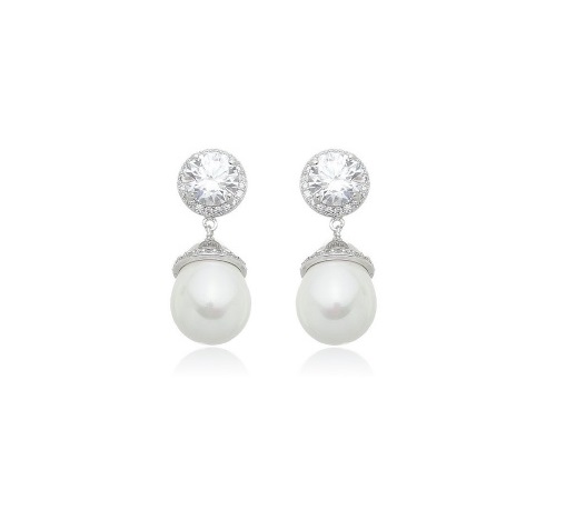 BRINCO DE PÉROLA EM PÊNDULO COM ZIRCÔNIAS REDONDA BANHADO A RÓDIO