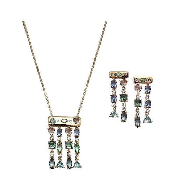 CONJUNTO COM FORMAS GEOMÉTRICAS EM PÊNDULO BANHADO A OURO