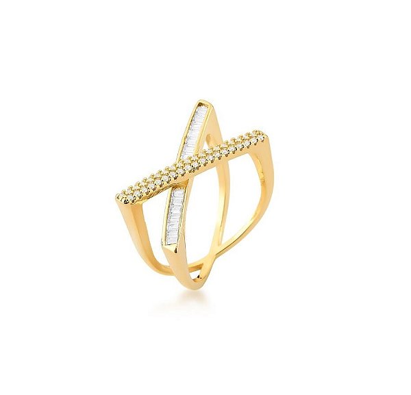 ANEL EM X COM CRISTAL E ZIRCÔNIAS BANHADO A OURO