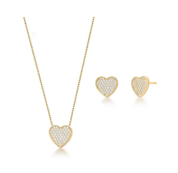 CONJUNTO CORAÇÃO CRAVEJADO BANHADO A OURO