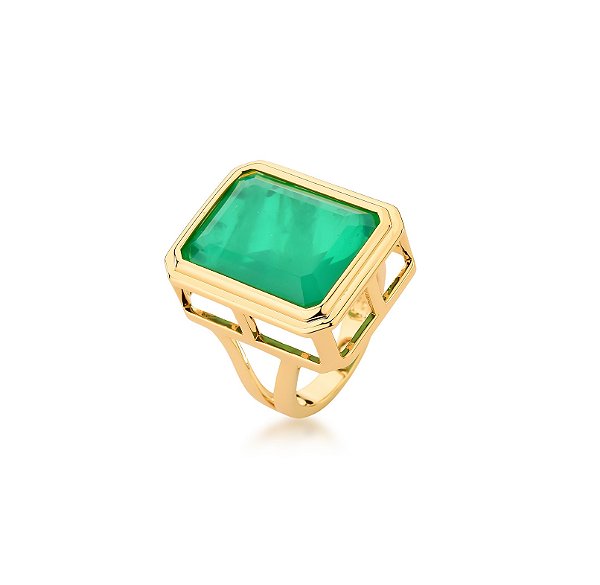 ANEL PEDRA RETANGULAR ESMERALDA FUSION BANHADO A OURO