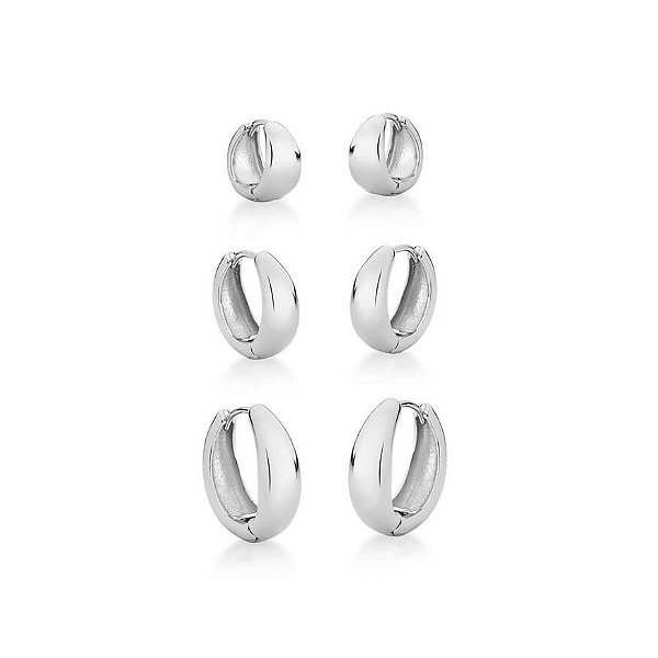 TRIO DE ARGOLA LISAS REDONDAS BANHADO A RÓDIO BRANCO