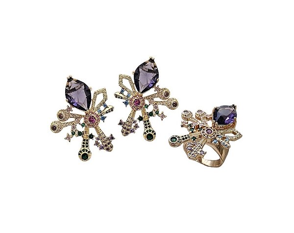 CONJUNTO PEDRA AMETISTA COM CRAVAÇÃO COLORIDA BANHADO A OURO
