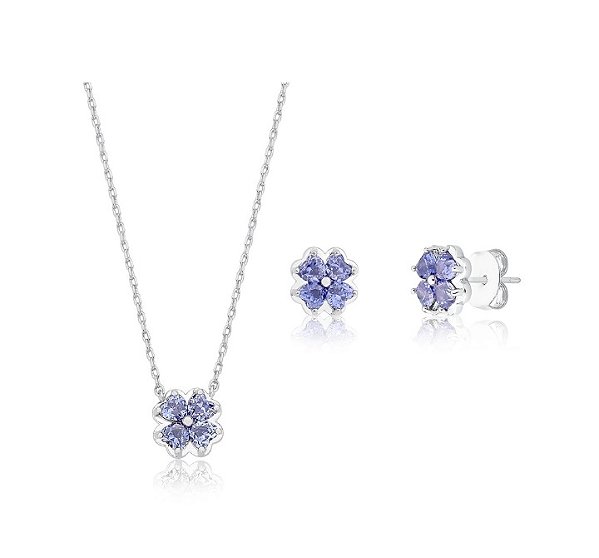 CONJUNTO TREVO TANZANITA BANHADO A RÓDIO BRANCO