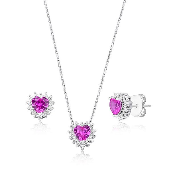 CONJUNTO CORAÇÃO SAFIRA ROSA BANHADO A RÓDIO BRANCO