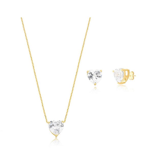 CONJUNTO CORAÇÃO ZIRCÔNIA CRISTAL BANHADO A OURO