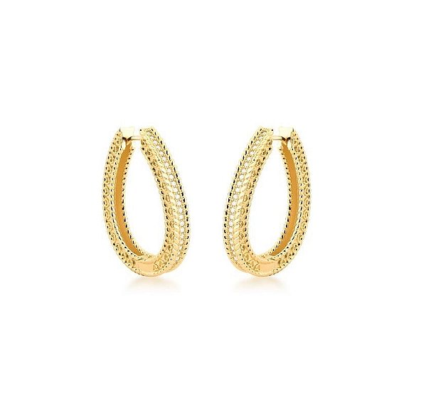 ARGOLA GOTA COM CRAVAÇÃO FRENTE E VERSO BANHADA A OURO