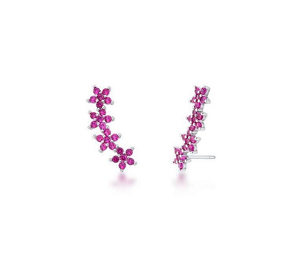 BRINCO EAR CUFF FLORES SAFIRA ROSA BANHADO A RÓDIO BRANCO