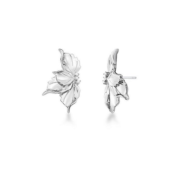 BRINCO MEIA FLOR LISA COM PONTOS DE ZIRCÔNIA BANHADO A RÓDIO BRANCO