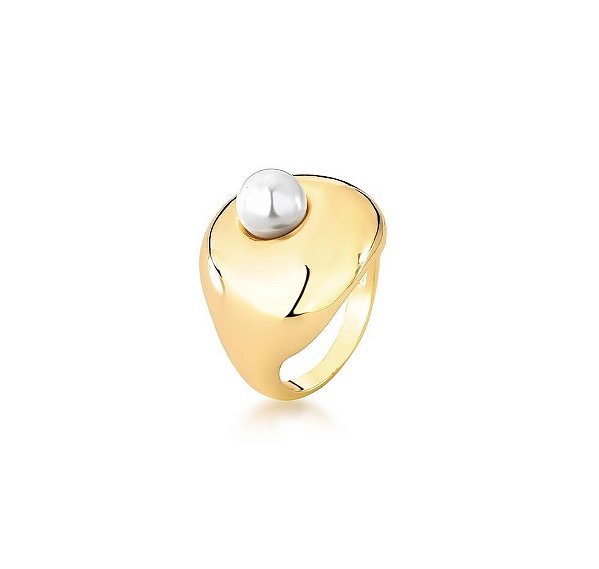 ANEL OVAL COM PÉROLA SHELL BANHADO A OURO