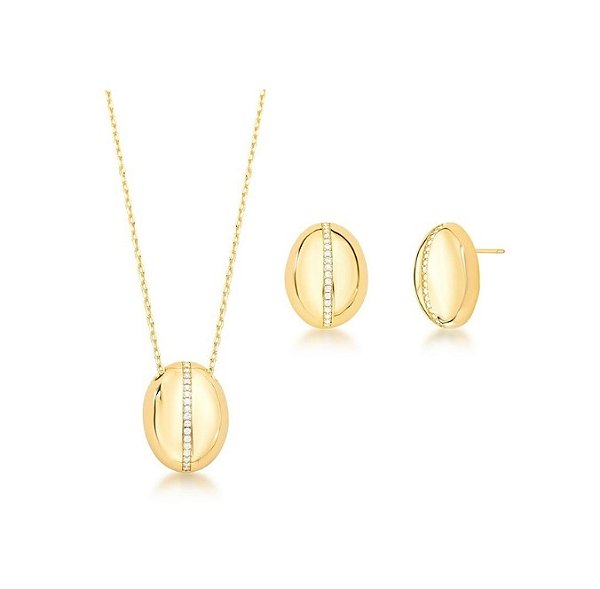 CONJUNTO OVAL COM FILEIRA CRAVEJADA BANHADO A OURO