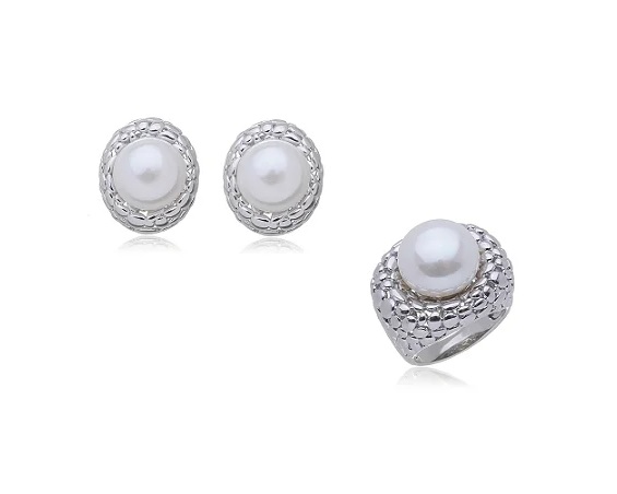 CONJUNTO PÉROLA CENTRAL COM LATERAL TRABALHADA BANHADO A RÓDIO