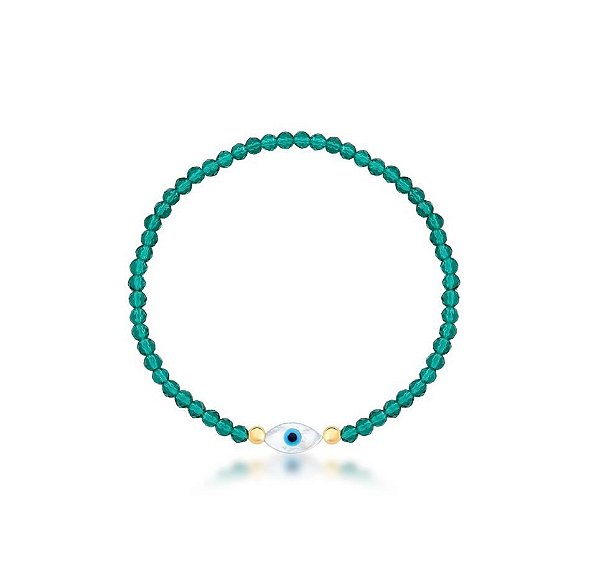 PULSEIRA COM CRISTAIS BÚLGAROS VERDE E PINGENTE OLHO GREGO