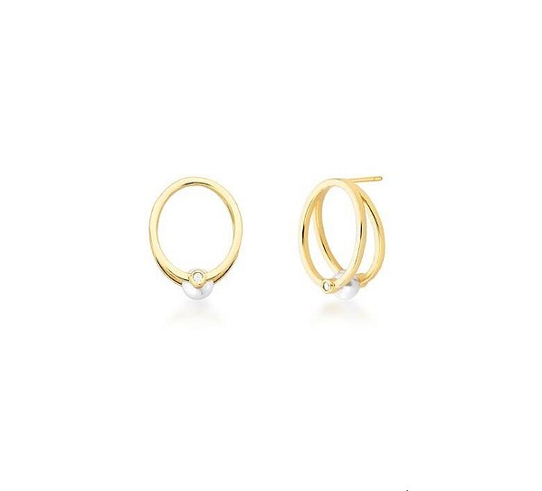 BRINCO OVAL DUAS VOLTAS COM PÉROLA SHELL BANHADO A OURO