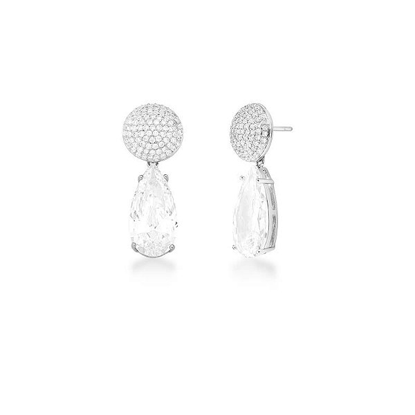 BRINCO REDONDO COM PÊNDULO CRISTAL DE GOTA BANHADO A RÓDIO BRANCO