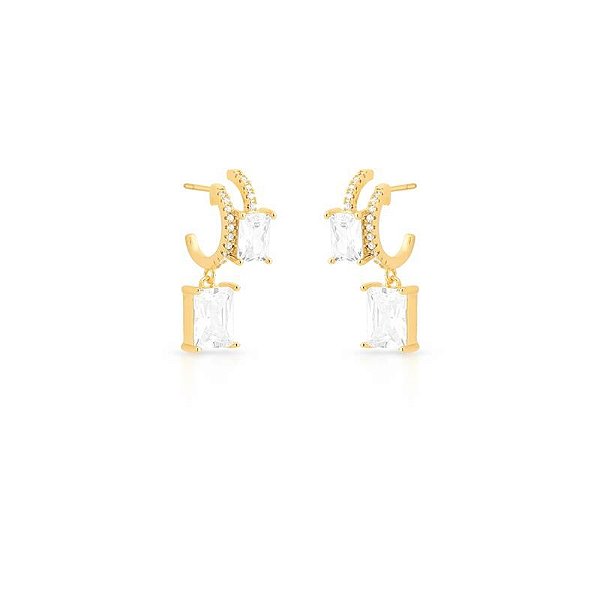 MEIA ARGOLA DUPLA COM ZIRCÔNIA RETANGULAR BANHADA A OURO