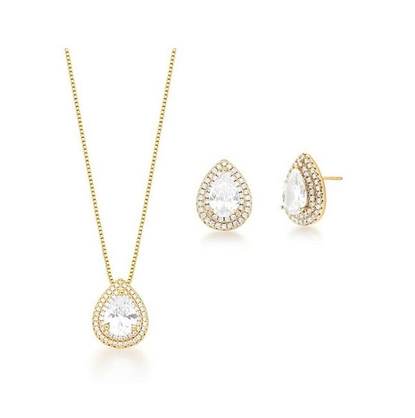 CONJUNTO GOTA COM CRAVAÇÃO LATERAL DUPLA BANHADO A OURO