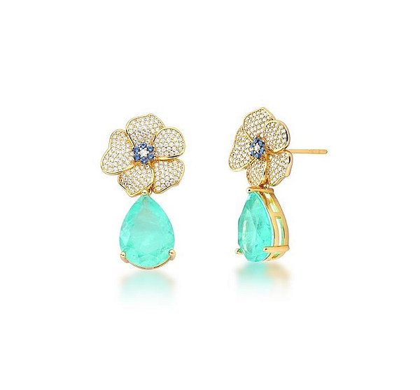 BRINCO PÊNDULO 2 x 1 DE FLOR CRAVEJADO E GOTA TURMALINA FUSION BANHADO A OURO