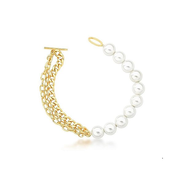 PULSEIRA COM ELOS LISOS E PÉROLAS SHELL BANHADA A OURO