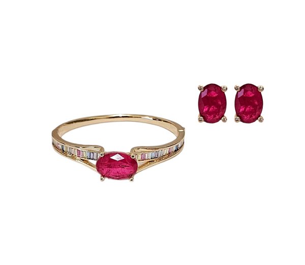 CONJUNTO DE BRINCOS E BRACELETE COM PEDRA OVAL TURMALINA ROSA FUSION BANHADO A OURO