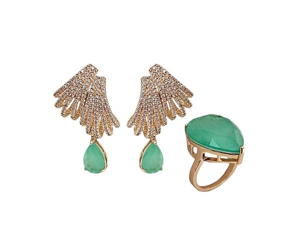 CONJUNTO DE BRINCO DEZ VOLTAS E ANEL COM GOTA ESMERALDA COLOMBIANA FUSION BANHADA A OURO