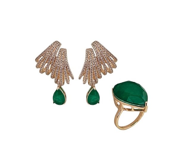 CONJUNTO DE BRINCO DEZ VOLTAS E ANEL COM GOTA ESMERALDA FUSION BANHADA A OURO