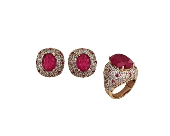 CONJUNTO PEDRA OVAL TURMALINA ROSA FUSION BANHADO A OURO