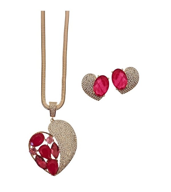 CONJUNTO MAXI CORAÇÃO COM CRAVAÇÃO TURMALINA ROSA BANHADO A OURO