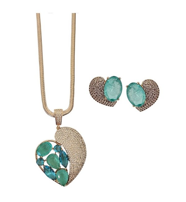 CONJUNTO MAXI CORAÇÃO COM CRAVAÇÃO AZUL E TURMALINA BANHADO A OURO