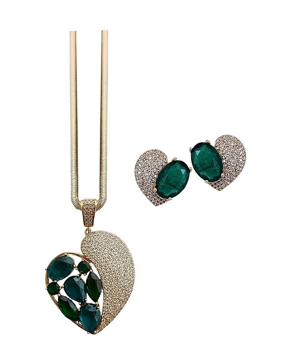 CONJUNTO MAXI CORAÇÃO COM CRAVAÇÃO ESMERALDA BANHADO A OURO