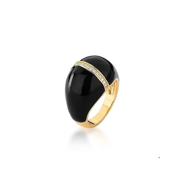 ANEL ABAULADO ESMALTADO NEGRO COM UMA FILEIRA CRAVEJADA BANHADO A OURO