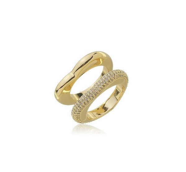 ANEL DUPLO CORAÇÃO LISO E CRAVEJADO BANHADO A OURO