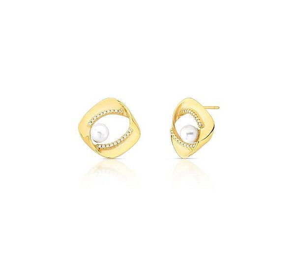 BRINCO QUADRADO VAZADO COM PÉROLA BANHADO A OURO