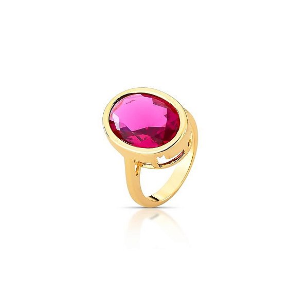 ANEL OVAL ZIRCÔNIA ROSA ESCURO BANHADO A OURO