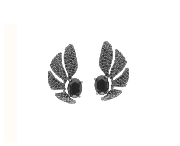 BRINCO EAR CUFF CRAVEJADO COM PEDRA OVAL BANHADO A RÓDIO NEGRO