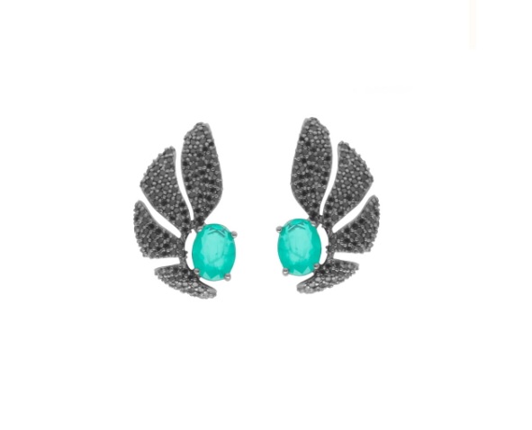 BRINCO EAR CUFF CRAVEJADO COM PEDRA OVAL TURMALINA BANHADO A RÓDIO NEGRO