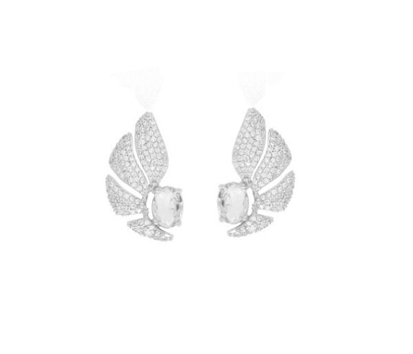 BRINCO EAR CUFF CRAVEJADO COM PEDRA OVAL CRISTAL BANHADO A RÓDIO BRANCO