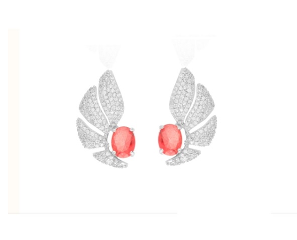 BRINCO EAR CUFF CRAVEJADO COM PEDRA OVAL VERMELHA BANHADO A RÓDIO BRANCO