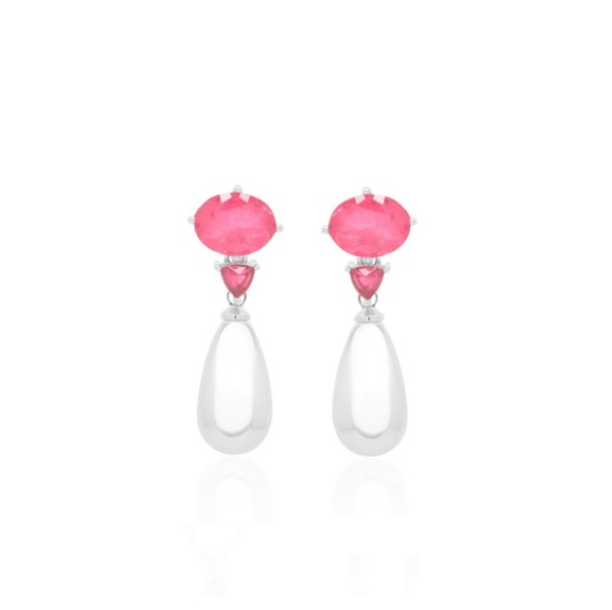 BRINCO DE PÉROLA EM PÊNDULO COM BASE TURMALINA ROSA BANHADO A RÓDIO BRANCO