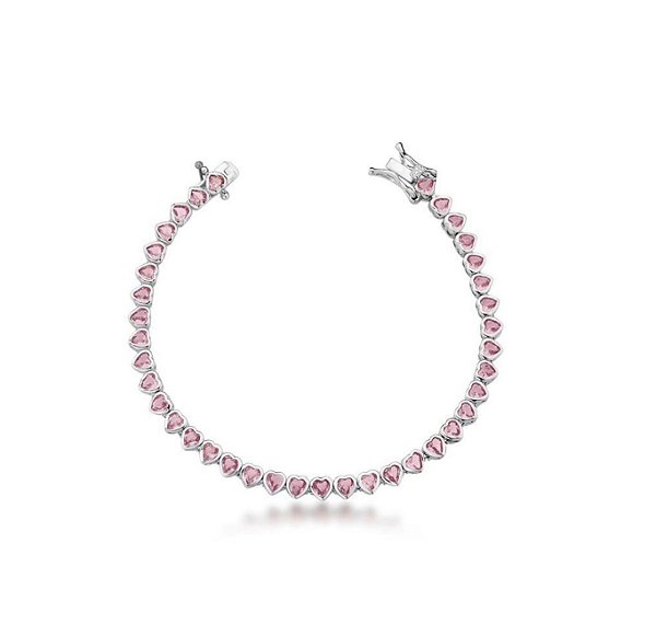 PULSEIRA RIVIERA COM CORAÇÕES ROSA CLARO BANHADA A RÓDIO BRANCO