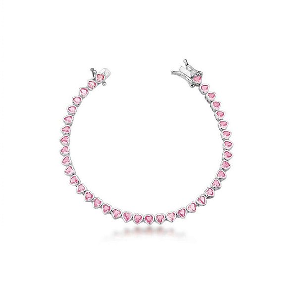 PULSEIRA RIVIERA COM CORAÇÕES ROSA ESCURO BANHADA A RÓDIO BRANCO