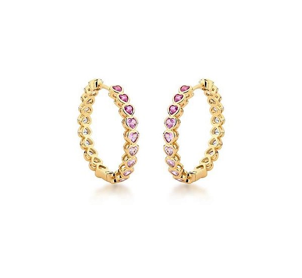 MEIA ARGOLA G CORAÇÕES COLORIDOS BANHADA A OURO