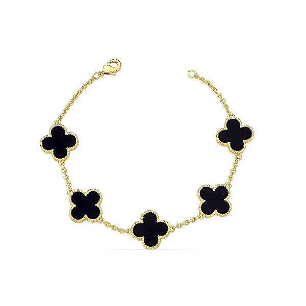 PULSEIRA COM CINCO TREVOS NEGROS BANHADO A OURO