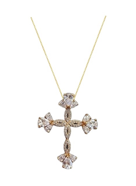 COLAR CRUCIFIXO CRAVEJADO EM ZIRCÔNIAS CRISTAIS BANHADO A OURO
