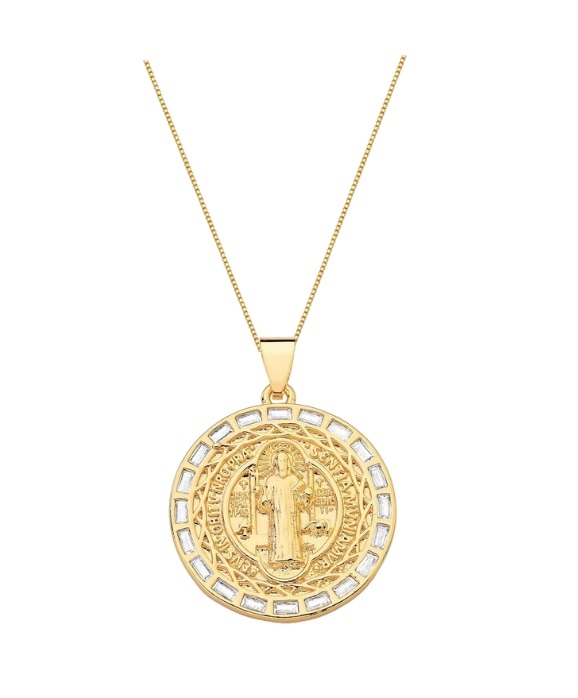 COLAR PINGENTE SÃO BENTO COM CRAVAÇÃO LATERAL BAGUETADA BANHADO A OURO