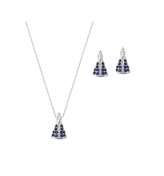 CONJUNTO NOSSA SENHORA COM CRAVAÇÃO TOPÁZIO BANHADO A RÓDIO BRANCO