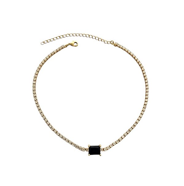 CHOKER RIVIERA COM ZIRCÔNIA CENTRAL NEGRA BANHADA A OURO